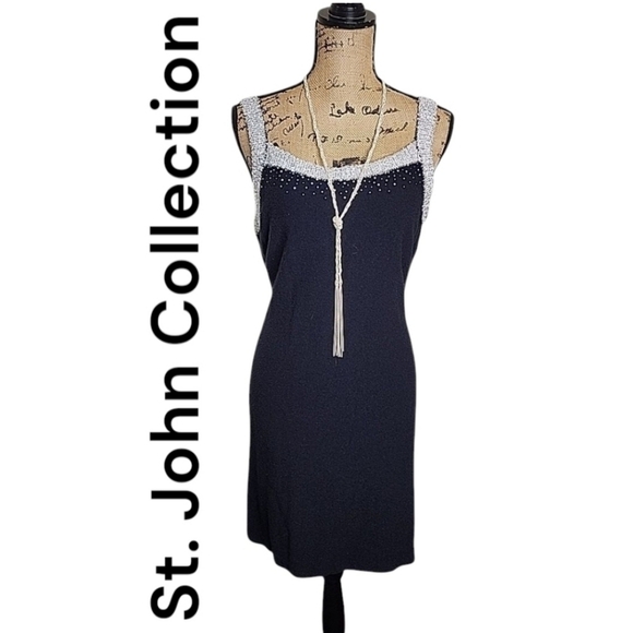 ST. JOHN Collection Women's Wool Blend Black Metallic Pearls Shimmer Dress. - Picture 1 of 11